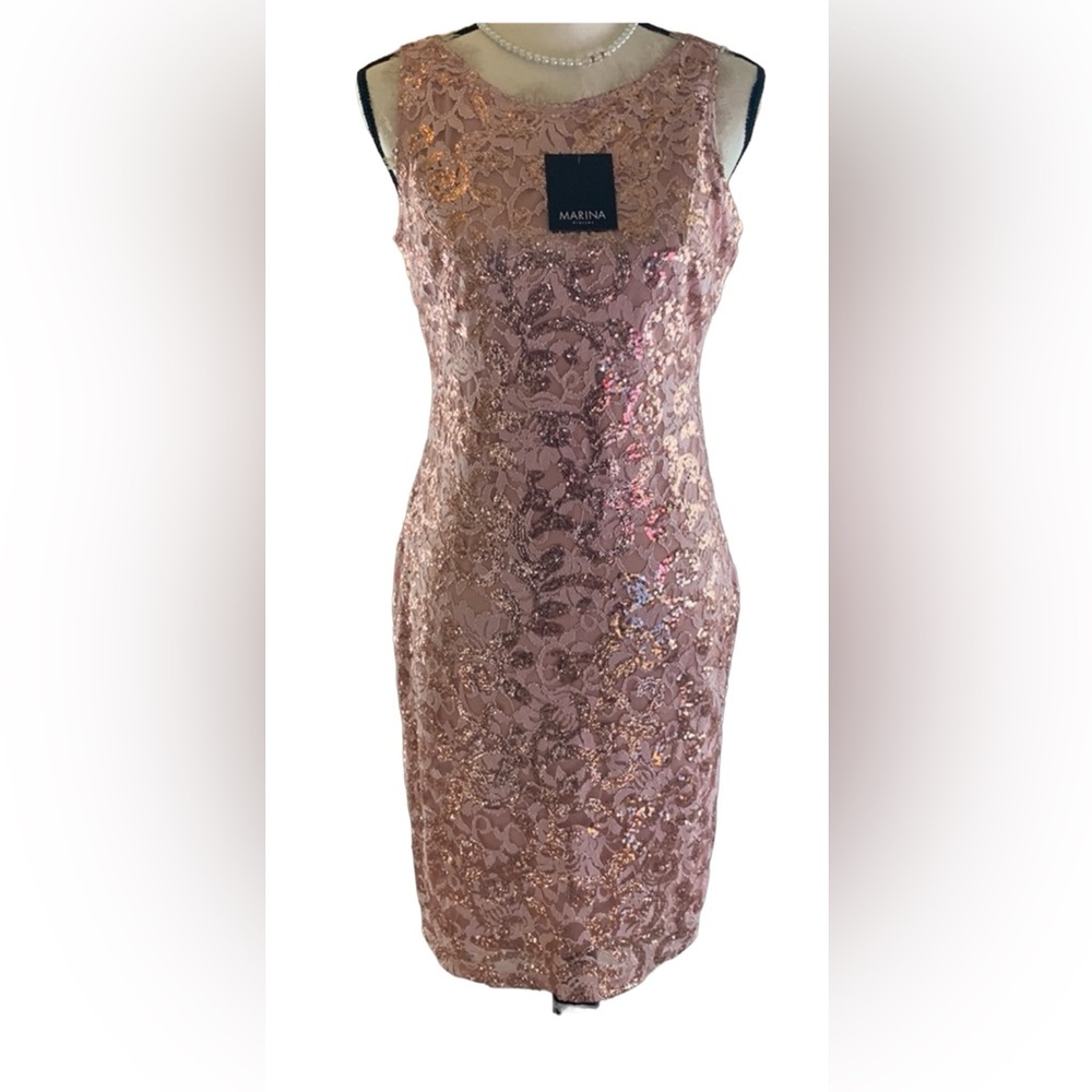 MARINA Rose Gold Sequin Lace Midi Dress